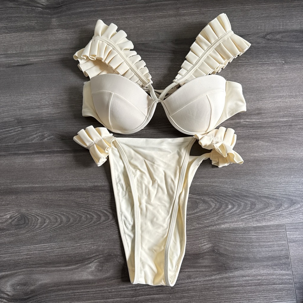 Andrea Iyamah Cream Ruffled Bikini Set